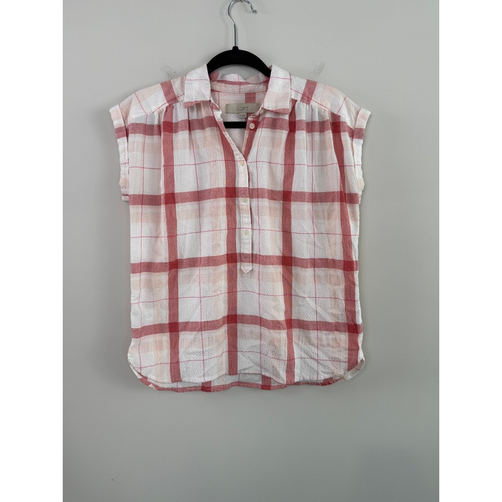 LOFT Blouse Red XS Plaid Short Sleeve Seersucker Button Up Preppy